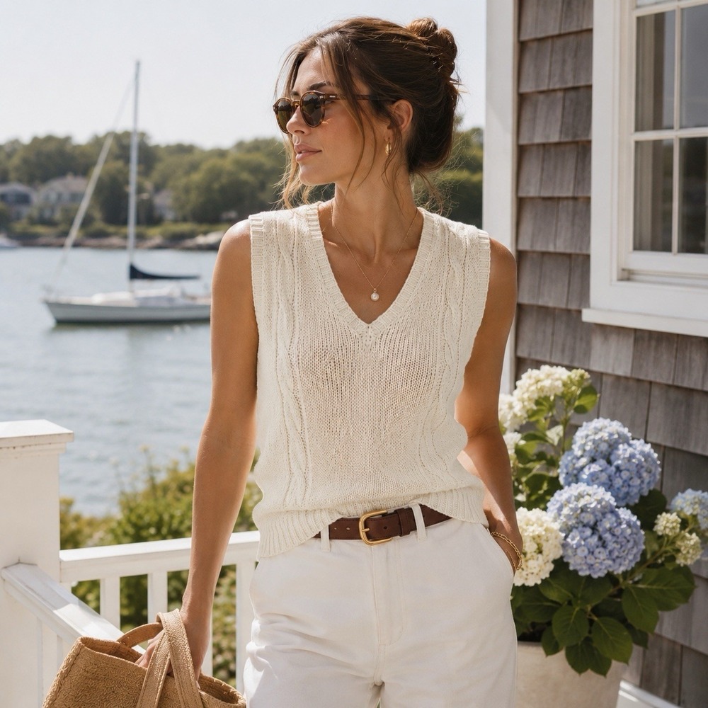 Vintage Women Hand Knit Sweater Vest M Ivory Linen Blend Cable Knit Coastal Prep